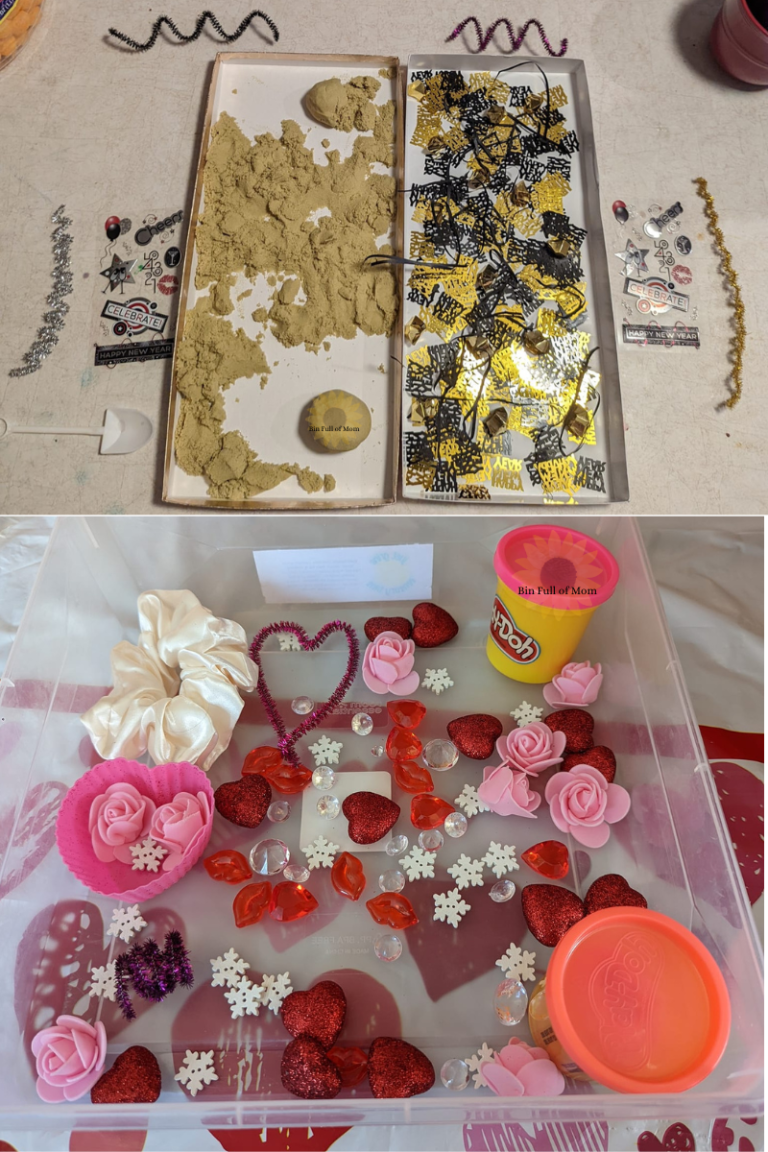 Two sensory bins. One for New Years the other one is Valentine's' day