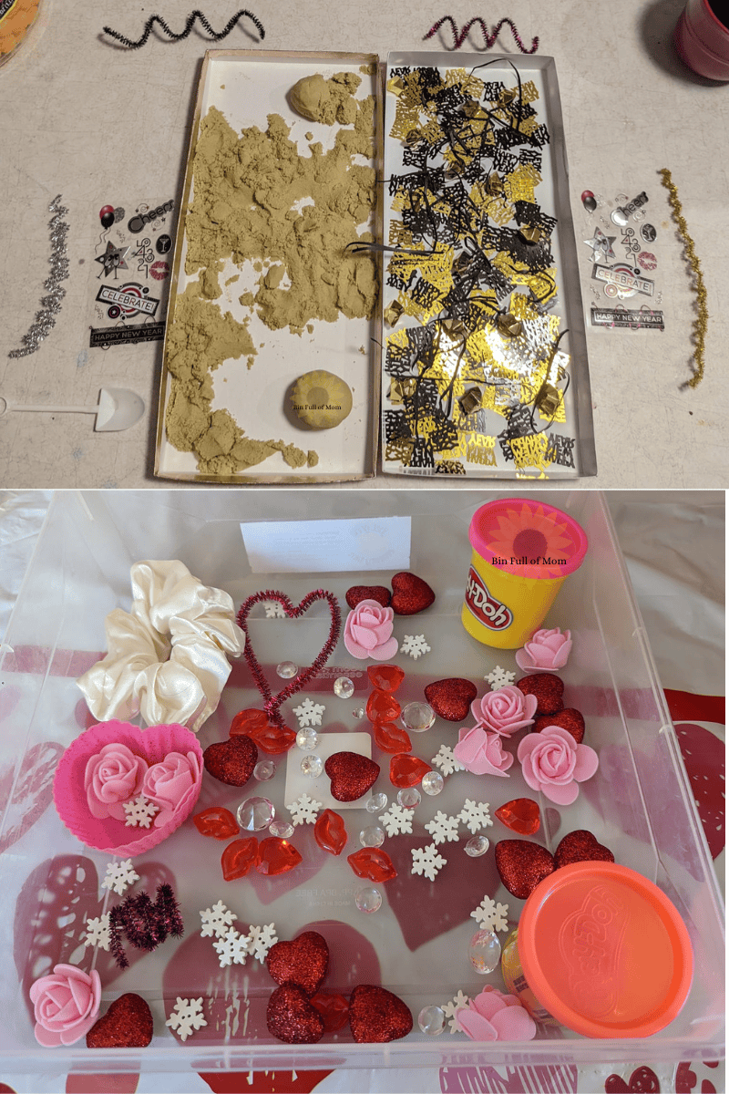 Two sensory bins. One for New Years the other one is Valentine's' day